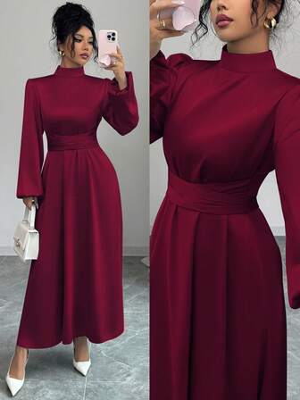 Elegant Women's Long A-Line Dress With Stand Collar And Long Sleeves Flared Hem Woven Fabric Knot Detail