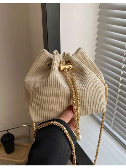 Casual Drawstring Shoulder Bucket Bag, Vintage