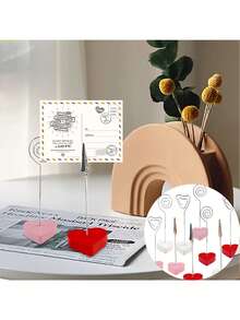 3 قطع/مجموعة مشابك مذكرات بشكل قلب - حاملات ملاحظات معدنية وحمراء/وردية لحفلات الزفاف وعيد الحب والعشاء الرومانسي - حاملات بطاقات طاولة متينة، اكسسوارات مكتبية زخرفية - متعدد الألوان - مشاهدة 1