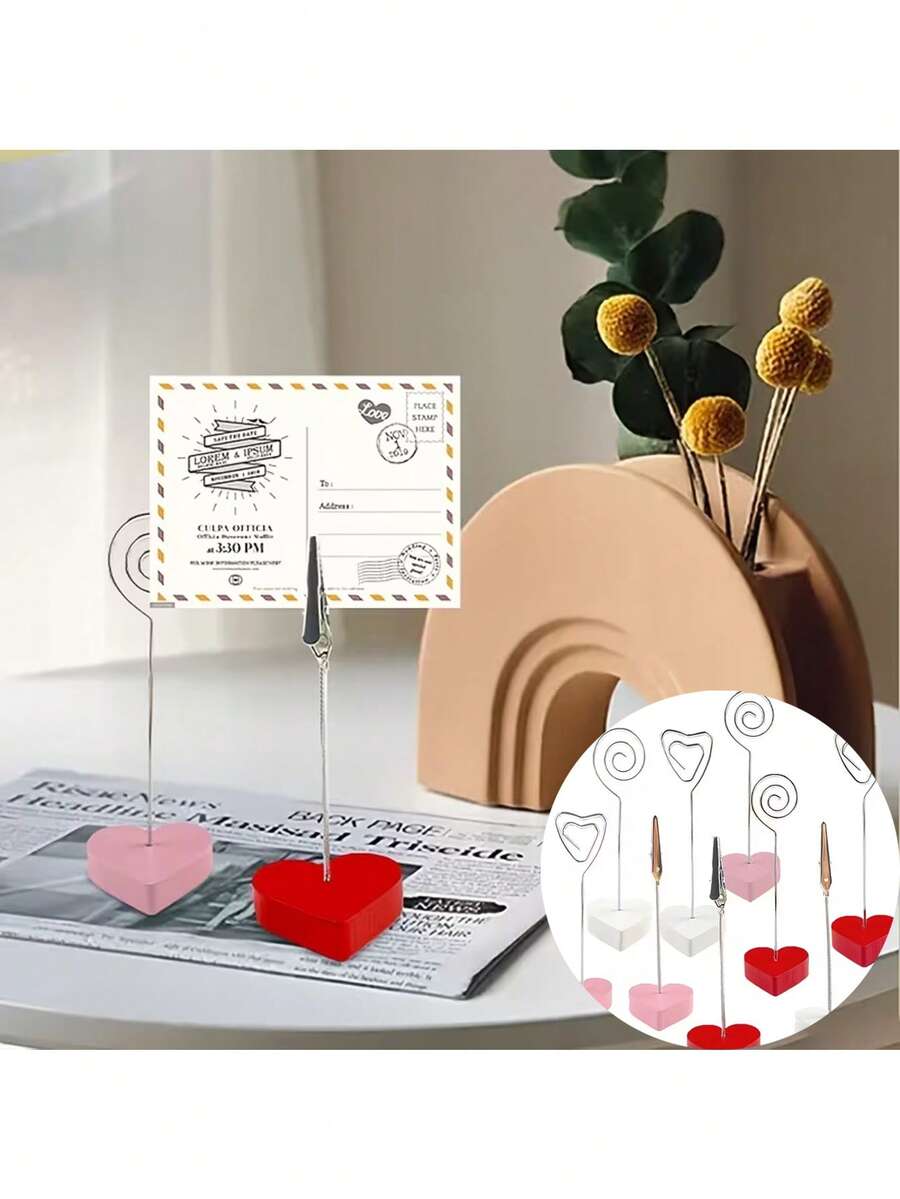 3 قطع/مجموعة مشابك مذكرات بشكل قلب - حاملات ملاحظات معدنية وحمراء/وردية لحفلات الزفاف وعيد الحب والعشاء الرومانسي - حاملات بطاقات طاولة متينة، اكسسوارات مكتبية زخرفية - متعدد الألوان - مشاهدة 1