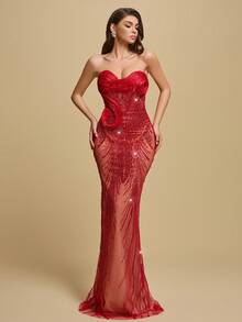 Astony One New Sexy Fitted Elegant Sequin Embellished Strapless Dress, Red Evening Gown Suitable For New Year, Valentine's Day, Carnival, Music Festival Parties, Engagement, Wedding, Birthday, Red Carpet Events - Red - View 6