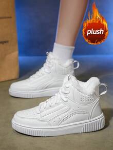 Women's Zip-Up Snow Boots, Latest 2025 Autumn/Winter High-Top Sneakers, Thermal Lined Thick Warm Fur Boots, Side Zipper Closure, & Fashionable Mid-Calf Boots, Flat Round Toe, Non-Slip & Waterproof Leather, Outdoor High-Top Sneakers, Cold-Resistant & Anti-Freeze, Suitable For Couples, Holiday Outings, Parties, Shoes - White - View 2