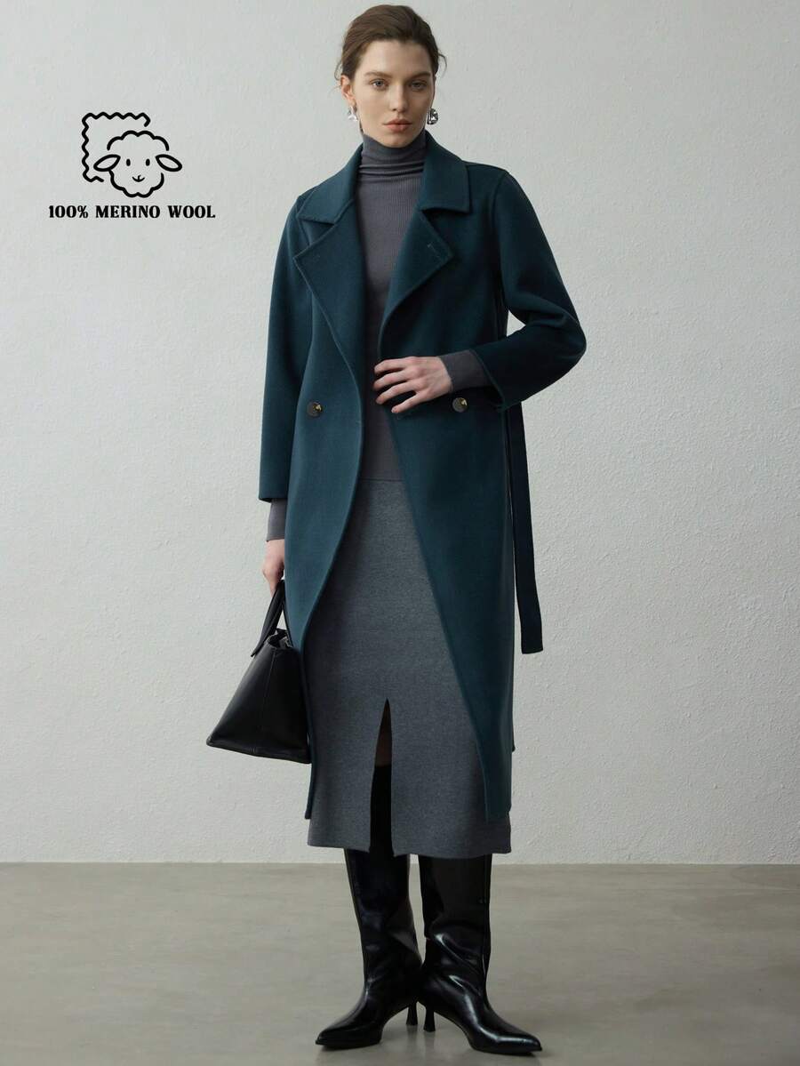 100%纯羊毛双面大衣，2025新款时尚系带羊毛长款大衣，保暖女士冬季外套，优雅女士冬季外衣 - 水鴨藍 - 查看 1