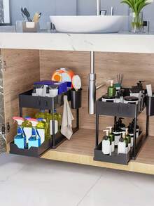 Brodark 1 pieza Organizador deslizante de varios niveles, Organizador de almacenamiento extraíble de 2 niveles - Cajón de gran capacidad y resistente, Organizador debajo del fregadero, Almacenamiento de gabinete, Estante de cocina, Ahorro de espacio, Diseño expandible, Fácil de limpiar, Baño/Cocina/Lavandería, Hogar ordenado, Color: Negro, Material: Plástico - Negro - Ver 2