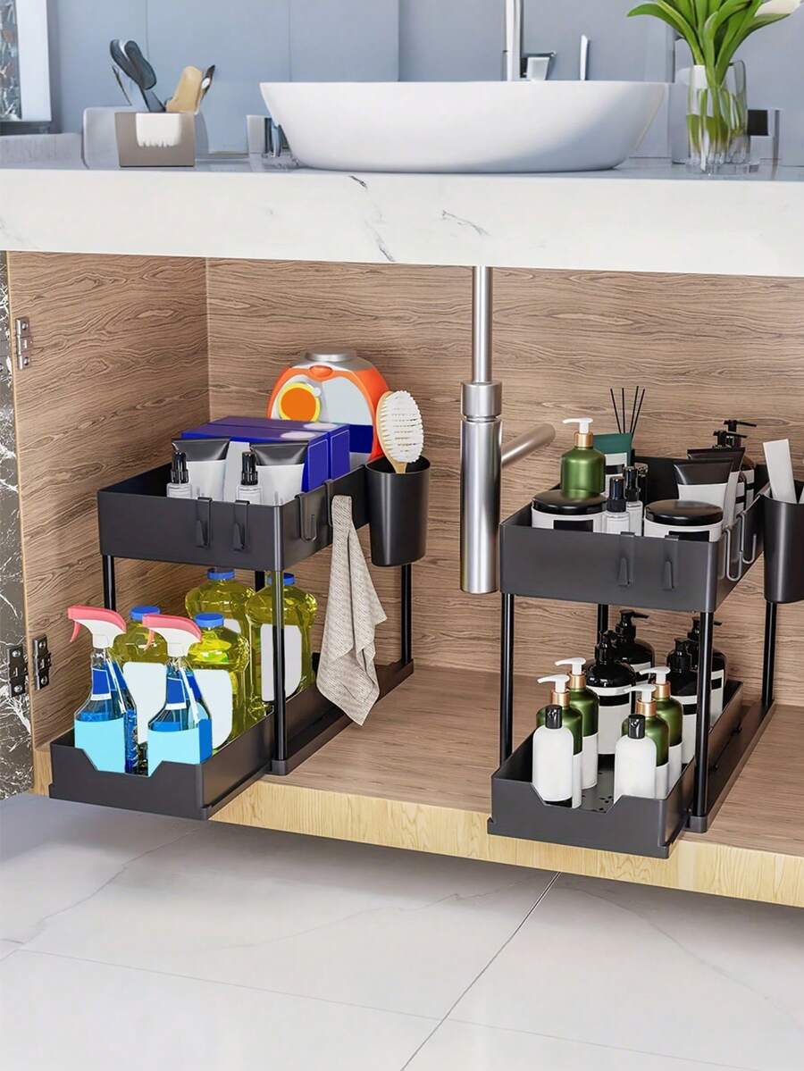 Brodark 1 pieza Organizador deslizante de varios niveles, Organizador de almacenamiento extraíble de 2 niveles - Cajón de gran capacidad y resistente, Organizador debajo del fregadero, Almacenamiento de gabinete, Estante de cocina, Ahorro de espacio, Diseño expandible, Fácil de limpiar, Baño/Cocina/Lavandería, Hogar ordenado, Color: Negro, Material: Plástico