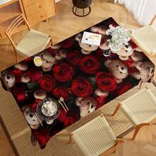 1PC Red Rose & Teddy Bear Valentine's Day Tablecloth, Valentine's Day Gifts, Valentine's Day Parties, Valentine's Day Decorations,Romantic Style Polyester Rectangular Tablecloth With Plush Bear & Rose Details, Decorative For Home Living Room Dining Table & Cafe Romantic Corner, Perfect For Valentine's Day Celebration & Love-Themed Dinner Decor