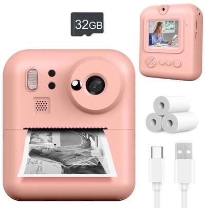 1080P HD Instant Print Digital Camera For Kids, Includes Printing Paper And 32GB SD Card, Dual Cameras, Ideal Christmas, New Year, Back To School Gift For Boys And Girls