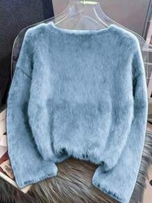 女士蓬松针织开衫，长袖圆领，纽扣前襟，常规长度，舒适上衣 - 霧霾藍 - 查看 2