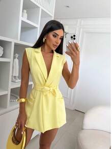 BLAZER Jumpsuit VEST Tailored Tank Top Short Sleeve Social Elegant And Casual Jumpsuit Blogger Shorts Skirt Fashion Summer Pastel Tones Cand Collors 2024 - 奶油黃 - 查看 9