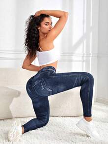 Quần legging thể thao nữ gợi cảm, họa tiết denim kỹ thuật số, thiết kế phối màu tương phản, quần tập yoga bó sát, quần đạp xe, nâng mông, thon gọn eo, quần lót yoga ôm sát, nhẹ và thoải mái, phù hợp cho các hoạt động thể thao trong nhà/ngoài trời như yoga, đạp xe, tập gym, mặc thường ngày mùa xuân. - Màu xanh hải quân - Xem 5