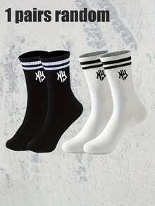 1/10双装中筒袜，黑白相间，印有NY字母图案，双条纹设计，休闲百搭运动袜，适合日常穿着 - 黑與白 - 查看 7