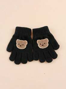 1 双儿童冬季保暖针织手指手套，男孩女孩可爱熊图案全指手套，适合 3-8 岁