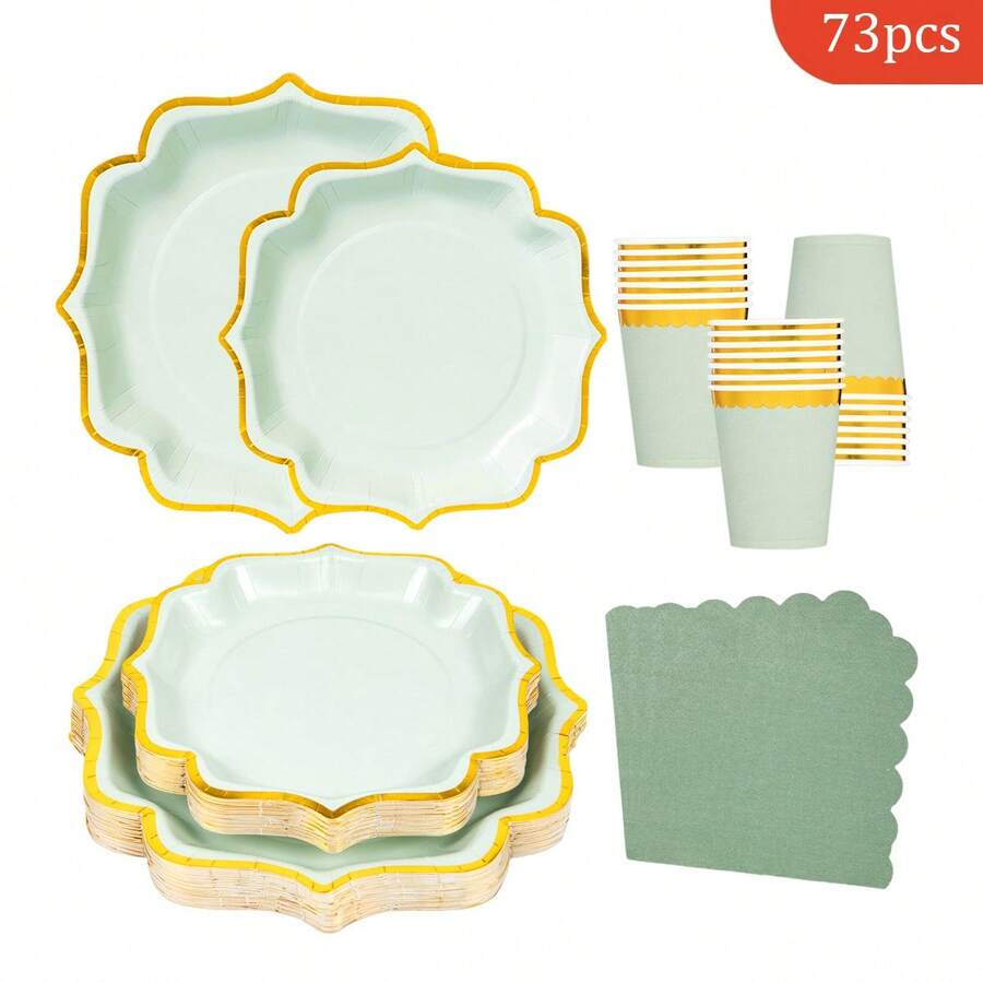16件套鼠尾草绿和金色花瓣造型一次性餐盘、餐巾纸和纸杯，派对用品，适合16位客人，一次性纸盘，适用于生日、婚礼、派对、家庭野餐