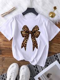 Women Leopard Bow T-Shirt, Casual Crew Neck Short Sleeve Top, 95% Polyester 5% Spandex Knit Fabric, Regular Length, Fashionable For Summer And Spring