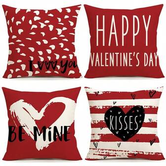 4 fundas de almohada para el Día de San Valentín, estampado de corazones y rayas "Feliz Día de San Valentín", decoración romántica para el Día de San Valentín, fundas de cojín de tela de poliéster minimalista con cierre de cremallera e impresión unilateral, no incluye relleno de almohada, adecuado para decoración de sofá, cama, silla en dormitorio, sala de estar, granja, patio