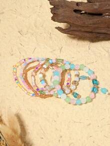 6件套玻璃珠手链套装，弹力手链，时尚女孩礼物 - 彩色 - 查看 13