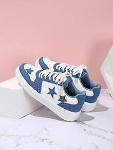 Star Design Women's Casual Sneakers, Suitable For Urban Commuting - White and Blue Stars - View 6