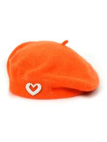 1顶女士休闲仿珍珠镂空心形羊毛贝雷帽，时尚百搭，适合日常佩戴，春/秋/冬季