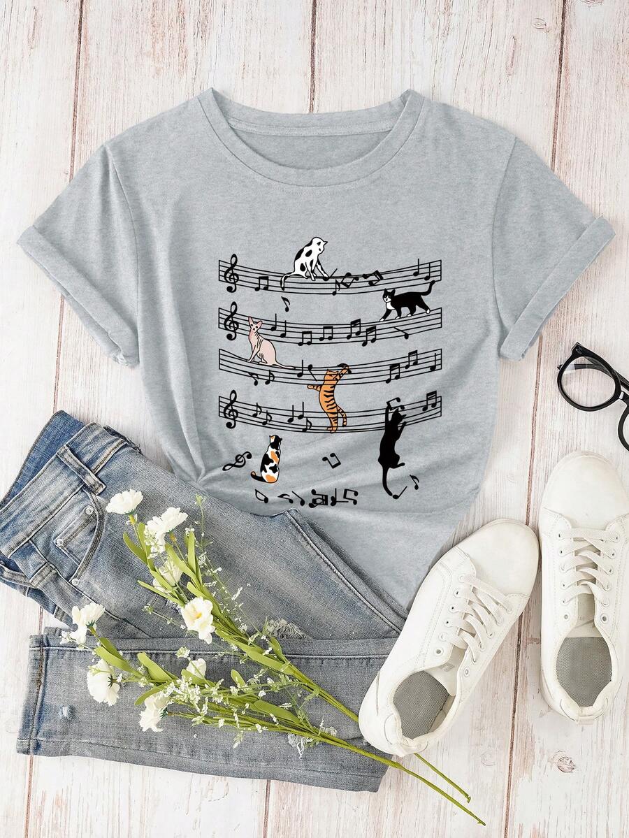 Cat & Music Graphic Short Sleeve T-Shirt, Fun Pattern Gift For Friends, Comfortable Loose Fit Crew Neck Tee For Summer - Light Grey - View 1