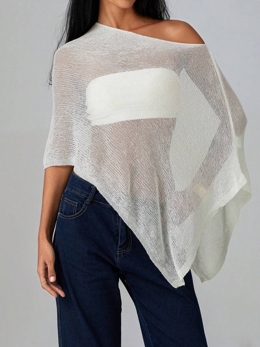Women Sheer Poncho Top Lightweight Knit Crochet Shrug Bolero Mesh Batwing Sleeve Sweater Cover Up Beachwear - 白色 - 查看 1