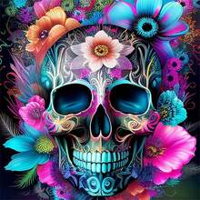 [Free Shipping]OFRKE Kull Flower Diamond Painting Kits For Adults, DIY Full Round Drill 5D Full Drill Crystal Rhinestone Diamond Art Kits,Gem Art Craft Home Wall Decor 12x12in,A-Skull - A-頭骨 - 查看 1