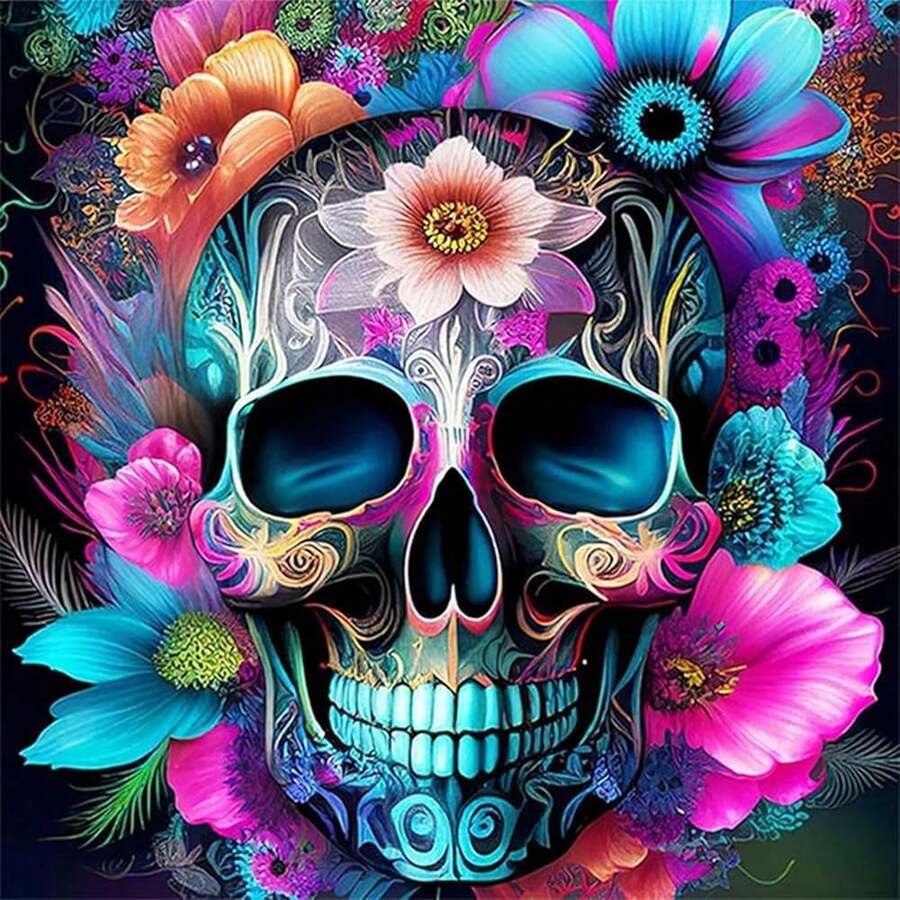 [Free Shipping]OFRKE Kull Flower Diamond Painting Kits For Adults, DIY Full Round Drill 5D Full Drill Crystal Rhinestone Diamond Art Kits,Gem Art Craft Home Wall Decor 12x12in,A-Skull - A-頭骨 - 查看 1