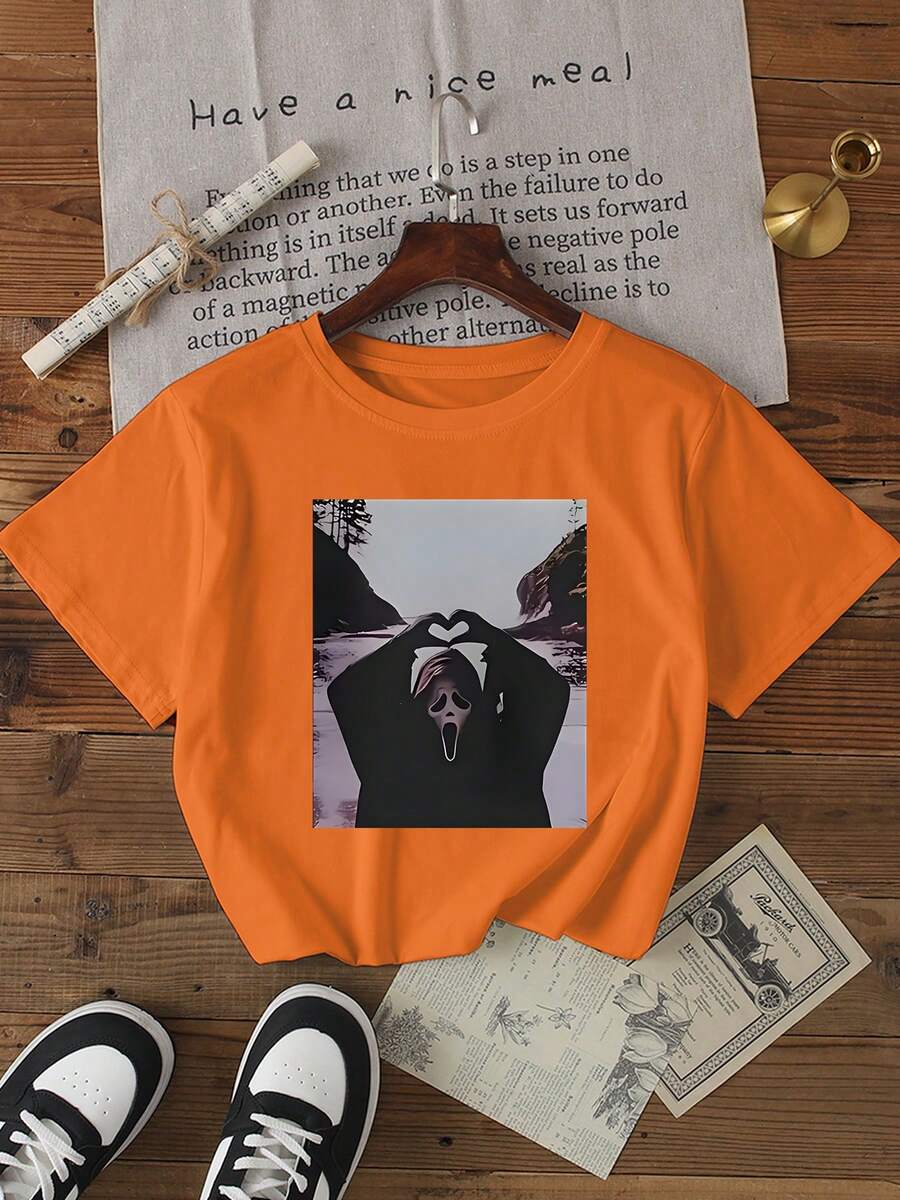 Women's Ghost Print Short Sleeve Casual Round Neck Regular T-Shirt, Summer - Orange - View 1