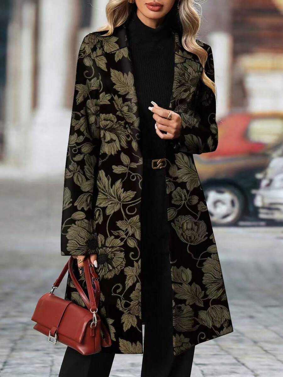 Women's Elegant Black Base Yellow Floral & Plant Pattern Long Sleeve Notched Collar Mid-Length Blazer Jacket, Spring/Autumn - Mustard Yellow - View 1