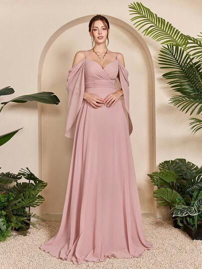 Mgiacy-流行、新品、V领、背心、甜美、伴娘服、荷叶边、雪纺、长裙、婚礼嘉宾