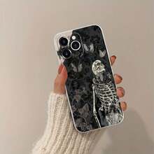 Funda negra artística con estampado floral de esqueleto, compatible con  16 Pro Max,  15 Pro Max,  13 y  12. Fabricada en TPU para una protección eficaz contra golpes y caídas. Un regalo ideal para familiares, amigos, seres queridos, parejas y Navidad. - Negro - Ver 4