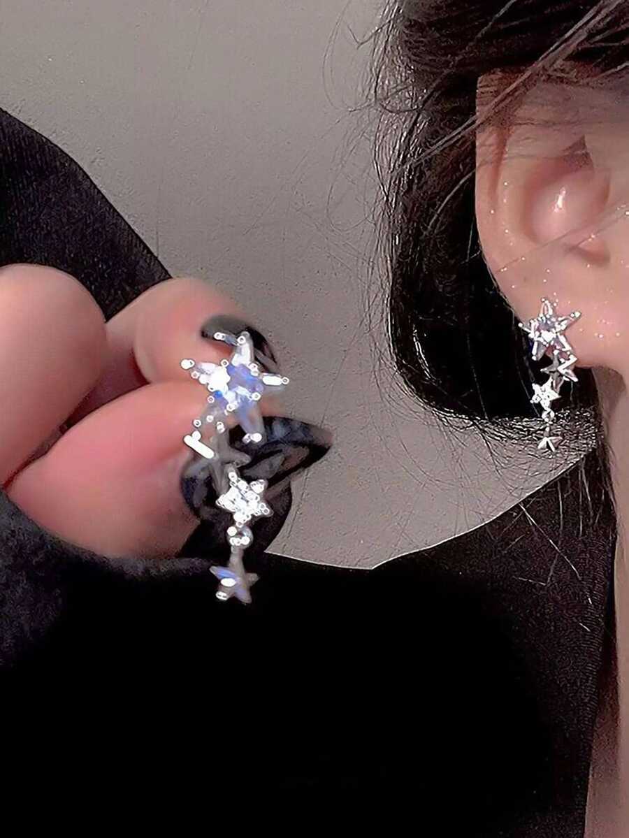 Rhinestone Star & Moon Decor Earrings - Silver - View 1