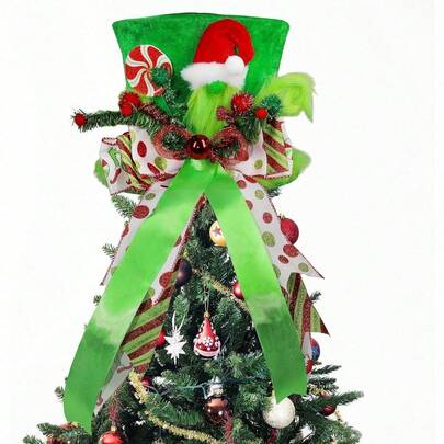 Christmas Halloween Tree Topper Hat,Large Black Velvet Hat With Purple And Orange Bow Seasonal Holiday Decorations Tabletop Ornaments For Home KF