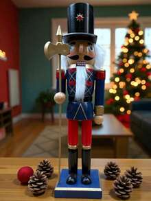 Muñeco Cascanueces de Madera 38 cm Decoración Navideña Premium Pintado a Mano Adorno Clásico Elegante para Hogar Sala Oficina Árbol de Navidad Figura Nutcracker Tradicional Festiva Coleccionable - Azul Marino - Ver 1