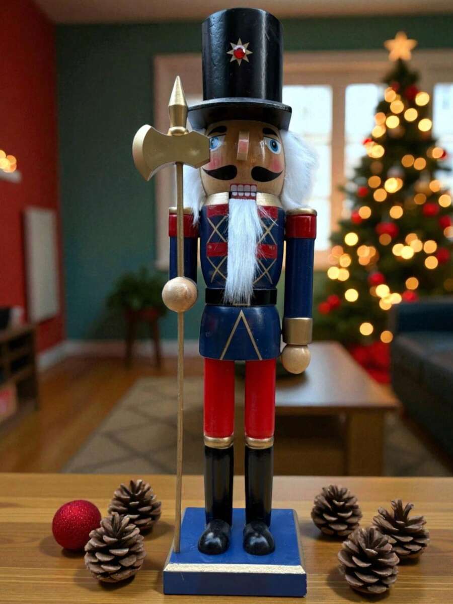 Muñeco Cascanueces de Madera 38 cm Decoración Navideña Premium Pintado a Mano Adorno Clásico Elegante para Hogar Sala Oficina Árbol de Navidad Figura Nutcracker Tradicional Festiva Coleccionable - Azul Marino - Ver 1