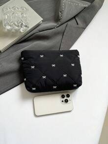 蝴蝶图案时尚绗缝格纹加厚化妆包，休闲手拿包，保暖羽绒小袋，内衬包，洗漱包，铅笔盒化妆包，化妆袋，化妆包，洗漱包，旅行必备，邮轮必备，度假必备，男女通用 - 黑色 - 查看 9