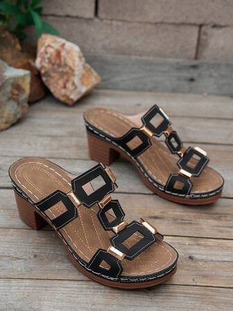 Women's Thick Sole Chunky Heel High Heel Hollow Out Open Toe Sandals, Plus Size 43, Buckle Strap, Round Toe, Soft Bottom, Peep-Toe, Platform Wedge Shoes, One-Piece Buckle Strap, Versatile, Fashionable, Elegant, Comfortable, Casual, Suitable For Dresses