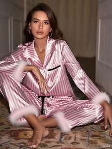 Women Feather Pajamas Silk Satin Lounge Sets Long Sleeve Button Down Shirts And Pants 2 Piece Pj Set - 粉色 - 查看 4