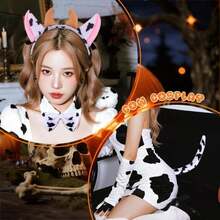 Halloween Leopard Costume Accessories Set - Animal Leopard Print Bow Tie Tails For Women Halloween Costumes For Party Outfits Animal Cat Ears Headband For Adults Womens Cosplay Costume 3 Pcs - Con bò - Xem 3