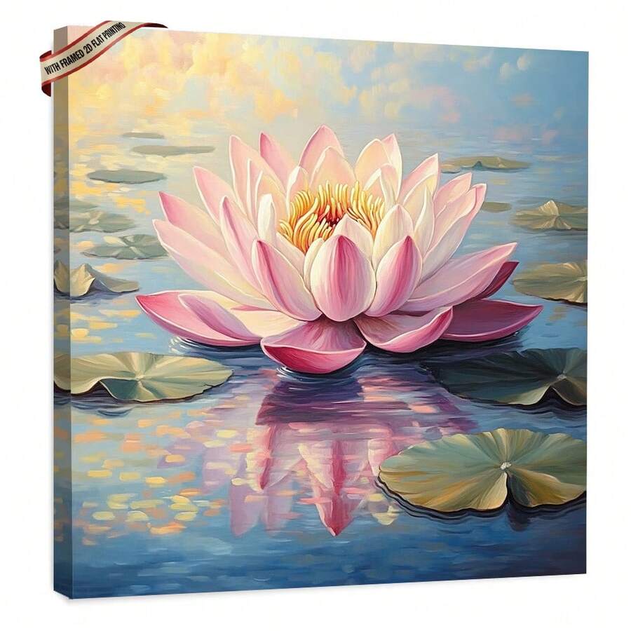 1pc 40*40cm(16x16inch) Art Decor Square Canvas Wall Art With Framed Charming Lotus Flower Art Deco Classic Retro Style For Home Office Bathroom Living Room Bedroom Decor.Stretched And Framed Ready To Hang. - 白色 - 查看 1