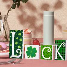 4 Pcs Valentine's Day Irish Festival Ornaments Romantic Wooden Letter Shamrock Decorated Rustic Tabletop Decoration For Home Table - Green - View 2