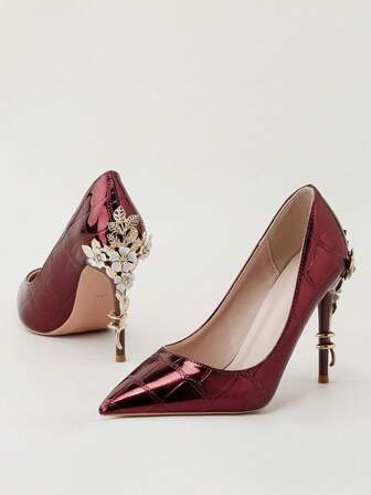 Elegant Women's Pointed Toe High Heel Shoes, Sexy Floral Metal Decor Stilettos, Fashion Bridal Wedding Pumps
