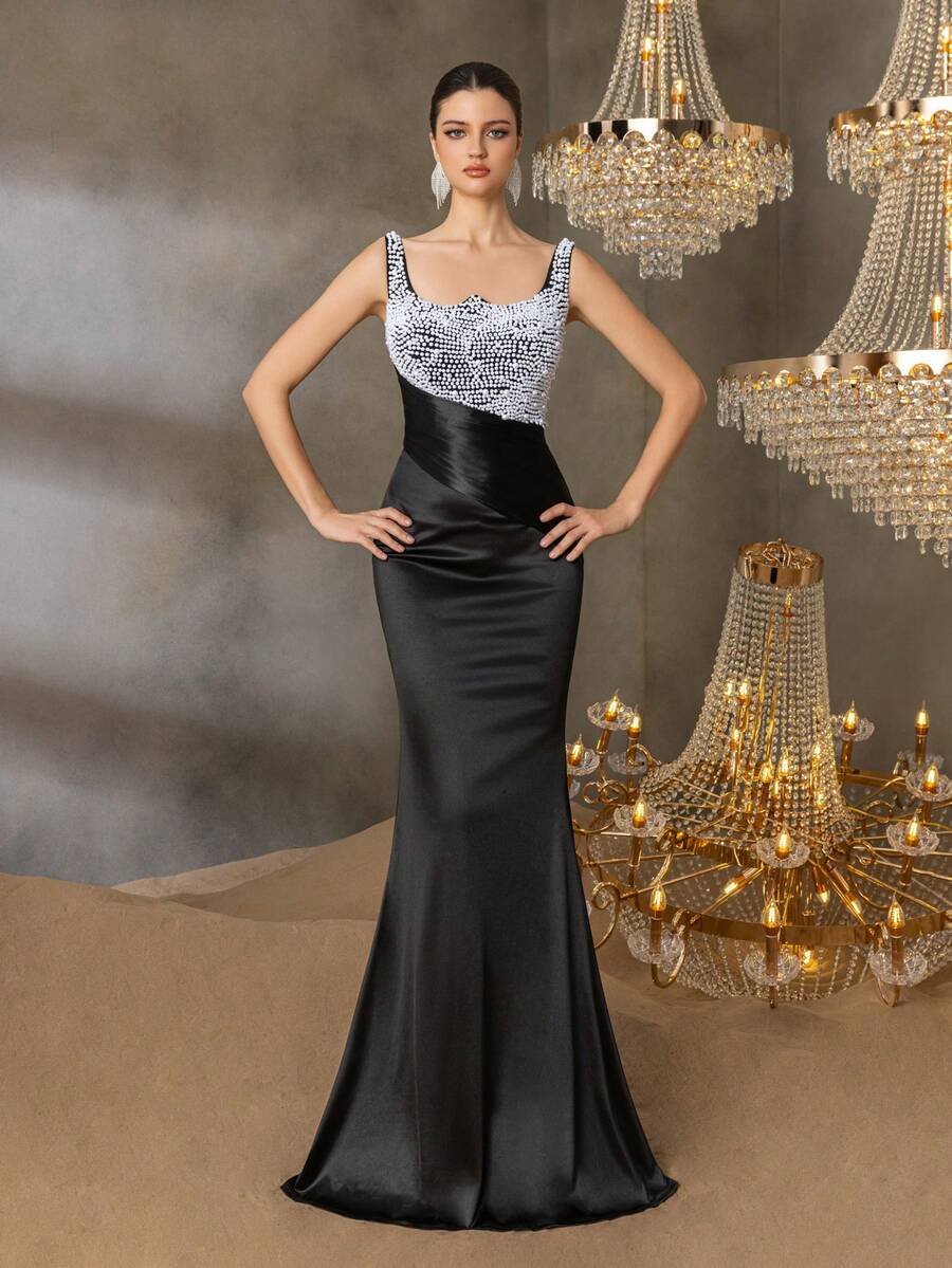 Faeriesty 优雅无袖U领鱼尾晚礼服 - 修身胸衣，珍珠点缀，曳地长裙 - 是婚礼、正式晚宴、正式招待会和红毯活动的理想之选 - 黑色 - 查看 1