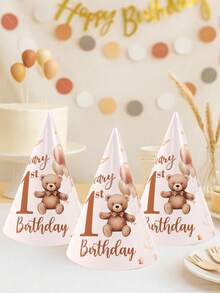 6pcs Brown Bear 1st Birthday Party Paper Party Hats, Celebrate First Birthday Paper Party Hat, Brown Balloon Bear 1st Birthday Design Birthday Hat For Birthday Party Decoration, 1st Birthday Party Photo Decoration Props, 1st Birthday Party Hat Decorative Supplies, Babe Shower Party Accessories Decoration Hats,Baby Shower Gift,Babe Shower Decor,1st Birthday Gifts,Gender Reveal Decor,Birthday Decor - Brown Bear 1st Birthday - View 6