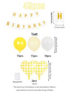 43件組白色生日快樂橫幅與馬卡龍黃白色乳膠氣球套組，含黃色格紋心形鋁箔氣球，適用英文Happy Birthday字母裝飾，派對場景佈置，生日派對、家庭派對背景裝飾、婚禮、畢業典禮，生日派對裝飾藍色氣球 - 彩色 - 查看 2