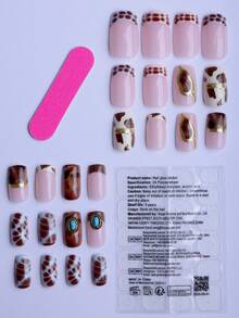 24 piezas de pegatinas de manicura acrílicas cuadradas cortas para otoño e invierno, estilo forestal con patrón de leche, turquesa con patrón de hilo dorado con azúcar y cacao, textura azul claro, estilo francés Y2K, uñas postizas reutilizables para uso diario, fiestas, regalos, con pegamento de gelatina, 1 lima, 1 pieza