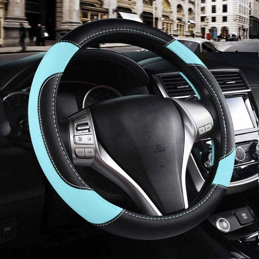 Leather Car Steering Wheel Cover, Non - Slip Car Wheel Cover Protector Breathable Microfiber Leather Universal Fit Most Beige - 淺藍色 - 查看 1