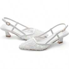 Close Toe Pump Shoes For Women Pointed Toe Slingback Flowers Floral Kitten Heels Sandals Dressy Heeled Sandals Wedding Bridal Dressy ShoesChristmas - 白色網眼 - 查看 7