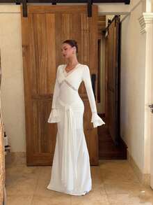 女士性感深V领长袖修身蕾丝连衣裙 - 完美适用于约会之夜、鸡尾酒会和晚间活动 白色 春季优雅 - 白色 - 查看 3