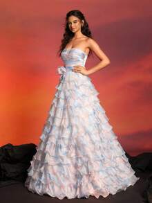 新款优雅奢华高端女士褶皱胸部荷叶边多层长款正式礼服，适合正式晚宴、派对、盛大晚会等场合。 - 彩色 - 查看 7