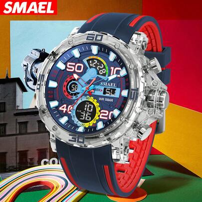  SMAEL 男士时尚运动手表，指针和数字双显，LED 背光闹钟计时功能，圆形表盘硅胶表带，适合户外运动、骑行和健身。